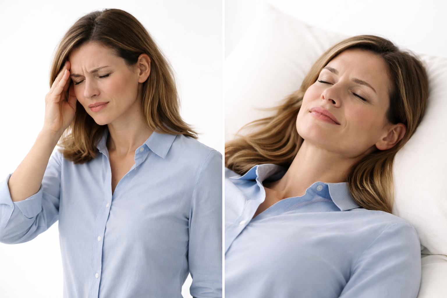 A split composition showing two posture positions of the same woman in her late 30s: on the left, standing upright with a pained expression and hand raised to her forehead; on the right, lying on her back with eyes closed and a neutral, slightly relieved expression.