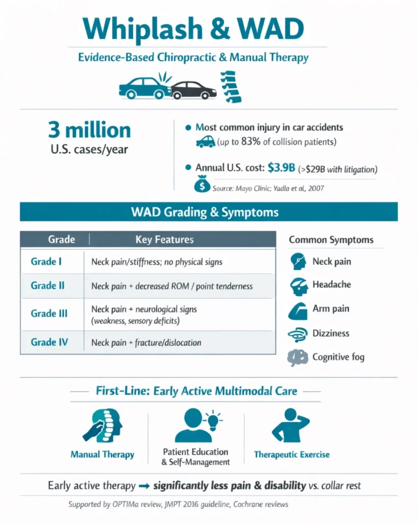 Infographic explaining whiplash and WAD with grading table, symptoms, and evidence-based chiropractic treatment approaches