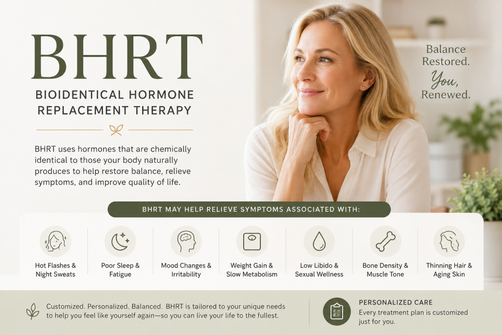 Infographic explaining bioidentical hormone replacement therapy (BHRT) and the symptoms it may help relieve, including hot flashes, poor sleep, mood changes, weight gain, low libido, bone density loss, and thinning hair, with a note on personalized treatment plans.