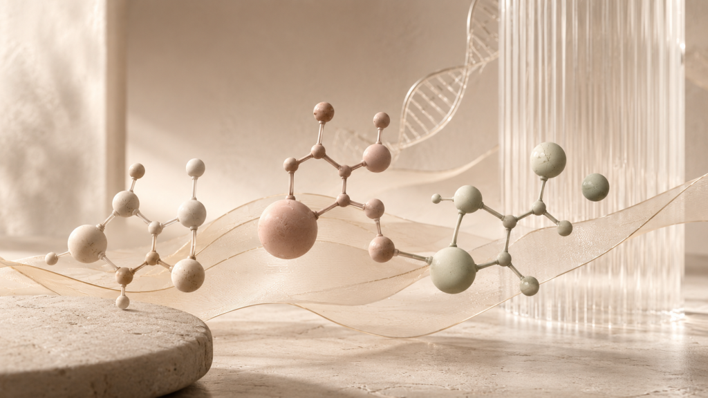A stylized 3D illustration of bioidentical hormone molecular structures alongside a DNA double helix, representing how BHRT uses hormones that are chemically identical to those the body naturally produces.