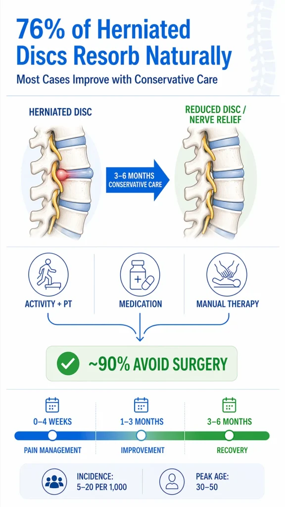 Infographic showing herniated disc treatment recovery timeline with conservative care leading to natural disc resorption and pain relief.