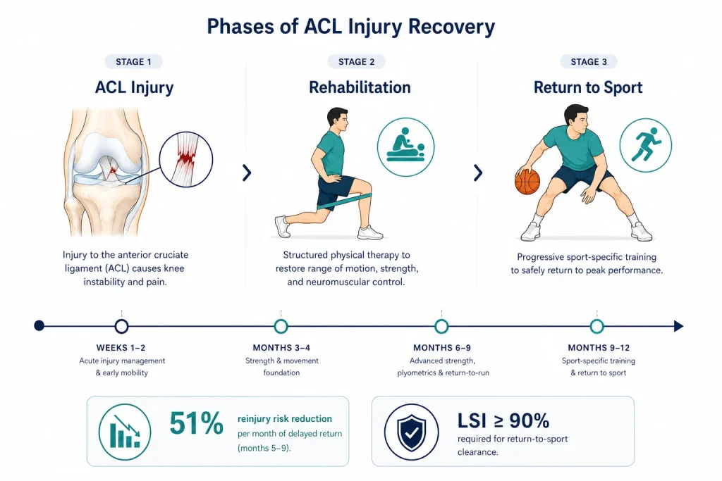 Infographic showing the phases of ACL injury recovery from injury and rehabilitation to return-to-sport training.