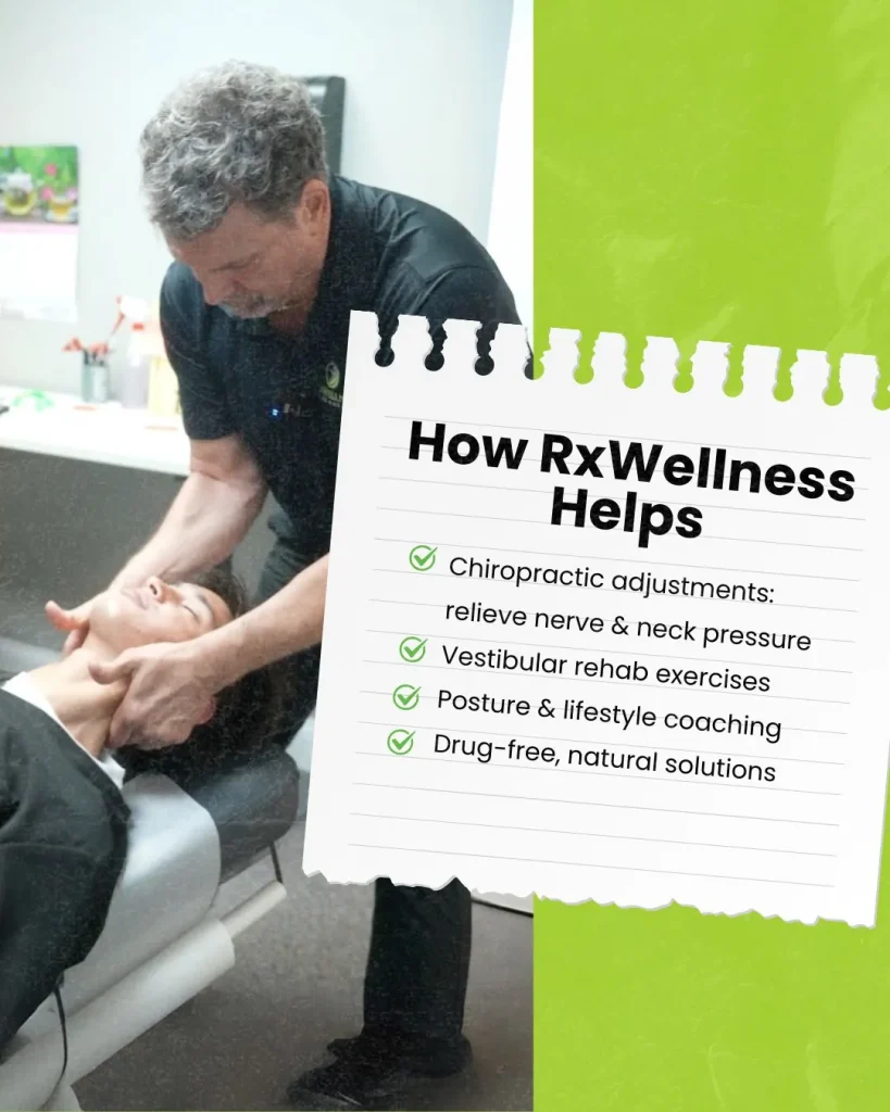 An RxWellness chiropractor performing a neck adjustment on a patient, alongside a graphic listing how RxWellness helps through chiropractic adjustments, vestibular rehab exercises, posture and lifestyle coaching, and drug-free natural solutions.