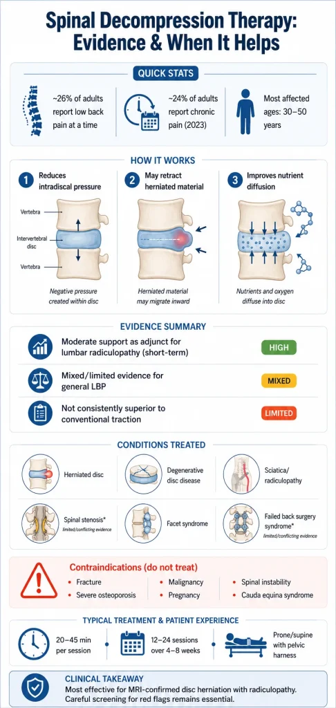 Infographic explaining spinal decompression therapy, including evidence summary, how it works, conditions treated, contraindications, treatment timeline, and clinical indications for disc herniation with radiculopathy.