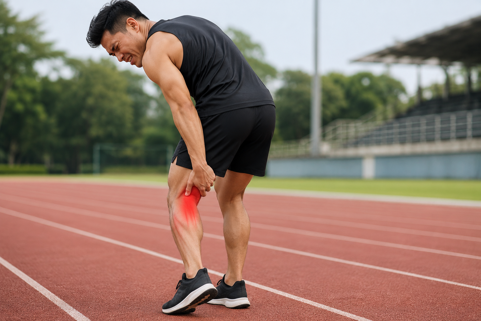 Man on a running track bending forward and holding the back of his thigh due to a hamstring strain.