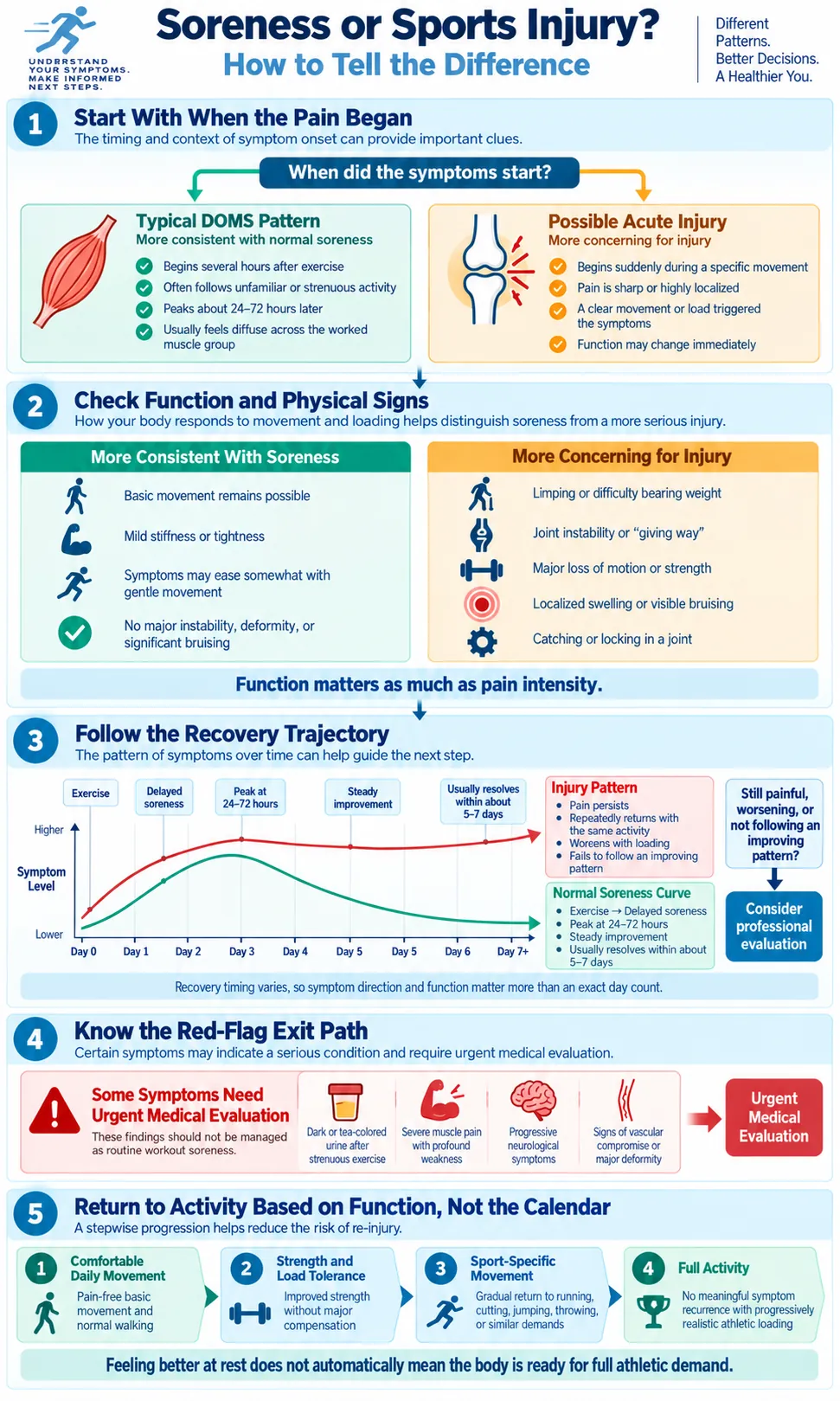 Infographic comparing normal exercise soreness with sports injury signs, recovery patterns, red flags, and return to activity.