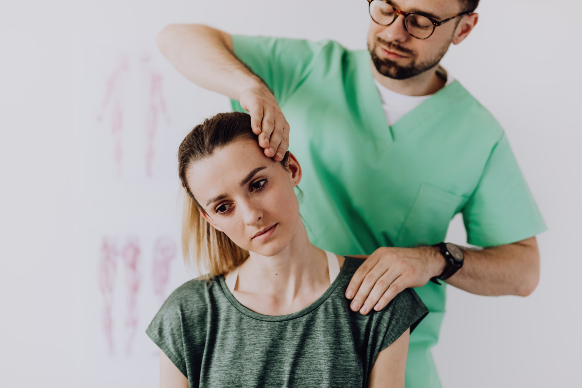 A clinician in green scrubs steadying the head and shoulder of a seated patient during a neck examination in a bright clinic.