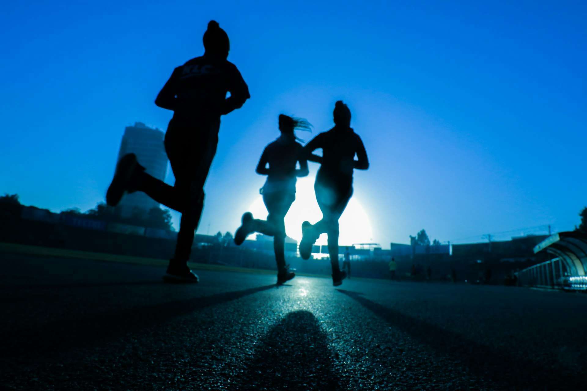 Three marathon runners in silhouette run down an open road toward a bright sunrise during an early training session.